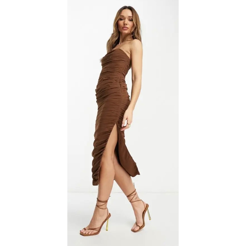 NWT ASOS Design Brown Ruched Strapless Midi Dress with‎ High Slit